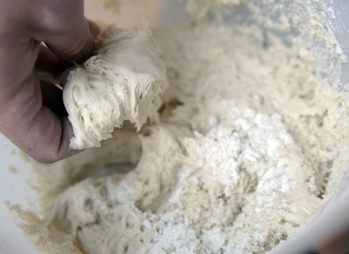 Al Hartmann  |  The Salt Lake Tribune
Ryan Moore, bread baker at From Scratch, uses this 30-year-old sourdough starter dough in his sourdough breads.  He tends to it daily to keep it consistent and alive. The restaurant is the only one in the Salt Lake Valley that grinds its own wheat on-site and sells bread baked from the hearth oven. Moore is one of 15 bakers selected to try out for a spot on the Team USA culinary team.
