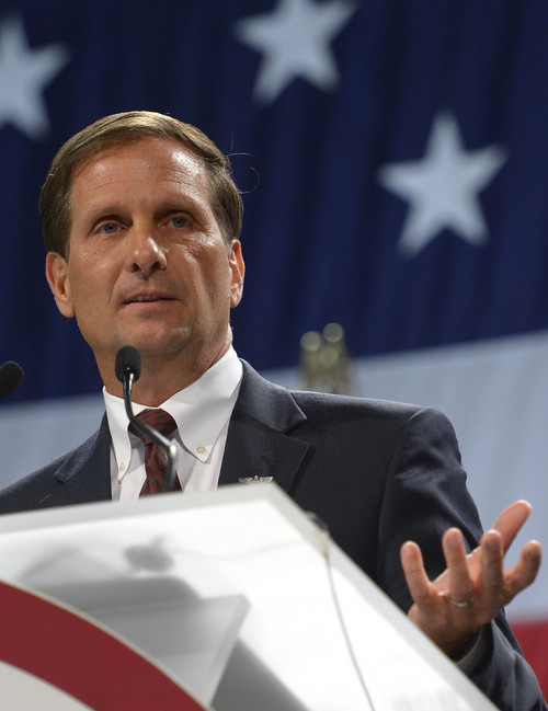 Leah Hogsten  |  Tribune file photo
2nd Congressional District incumbent Chris Stewart at the podium of the Utah Republican Party 2014 Nominating Convention at South Towne Expo Center in Sandy.
