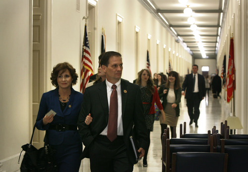 Scott Sommerdorf  |  Tribune file photo
Congressman-elect Chris Stewart, R-Utah, his wife, Evie, and his family walk through the hallways of the Capitol building on their way to Stewart's swearing-in, Thursday, Jan. 3, 2013.