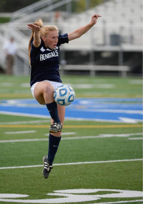 Francisco Kjolseth  |  The Salt Lake Tribune
Brighton's Mia Mazur catches a ball to regain control while taking on Davis in the 5A girls' soccer semifinal at Juan Diego High School in Draper on Tuesday, Oct. 21, 2014.