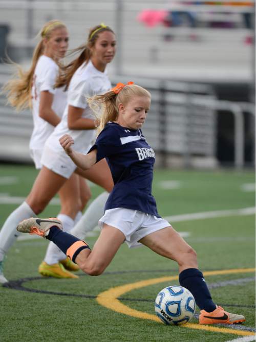 Francisco Kjolseth  |  The Salt Lake Tribune
Brighton's Angie Timm launches the ball against Davis in the 5A girls' soccer semifinal at Juan Diego High School in Draper on Tuesday, Oct. 21, 2014.