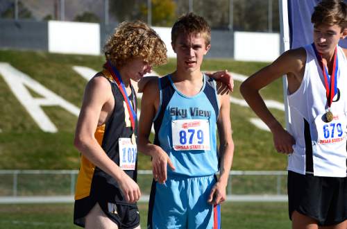 Scott Sommerdorf  |  The Salt Lake Tribune
Josh Collins of Wasatch High, left, winner of the boys' 4A race, hugs second-place finisher Conner Mantz of Sky View who fell 20 meters from the finish at the Utah State cross-country races held at Sugar House Park and Highland H.S., Wednesday, October 22, 2014. Collins won the race with a time of: 15:06.9.
