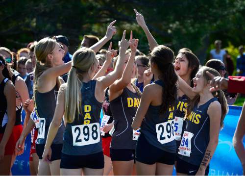 Scott Sommerdorf  |  The Salt Lake Tribune
The Davis High girls team shouts out a team song prior to the girls' 5A 3-mile race at the Utah State cross-country races held at Sugar House Park and Highland H.S., Wednesday, October 22, 2014. They finished second to American Fork's team.