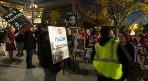Steve Griffin  |  The Salt Lake Tribune

Citizens gather outside the Salt Lake City Public Safety Building for the National Day Against Police Brutality rally in Salt Lake City, Wednesday, October 22, 2014.