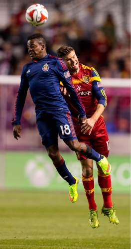 Trent Nelson  |  The Salt Lake Tribune
Chivas USA's Marvin Chavez (18) and Real Salt Lake's Chris Wingert (17) leap for the ball as Real Salt Lake faces Chivas USA at Rio Tinto Stadium in Sandy, Wednesday October 22, 2014.