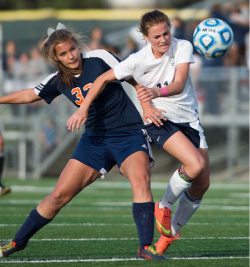 Steve Griffin  |  The Salt Lake Tribune


Mountain Crest defender Kierra Little, left, uses her hip to try and keep Timpanogos forward Aspyn Ferrer from getting to the ball during class 4A girls' soccer semifinal at Juan Diego High School  Draper, Tuesday, October 21, 2014.