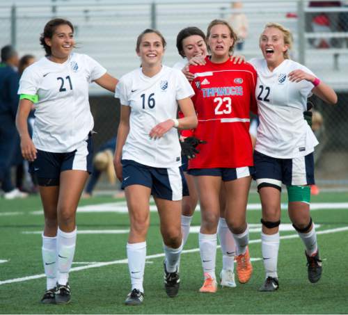 Steve Griffin  |  The Salt Lake Tribune


Emotional Timpanogos players leave the field after defeating Mountain Crest in the class 4A girls' soccer semifinal match at Juan Diego High School  Draper, Tuesday, October 21, 2014.