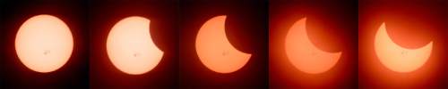 Trent Nelson  |  The Salt Lake Tribune
Five photos showing the progression of today's partial solar eclipse, seen from the Natural History Museum of Utah in Salt Lake City, Thursday October 23, 2014.