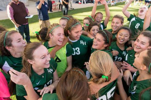 Trent Nelson  |  The Salt Lake Tribune
Rowland Hall players celebrate their win over Waterford in the 2A girls' high school soccer state championship game at Rio Tinto Stadium in Sandy, Saturday October 25, 2014.