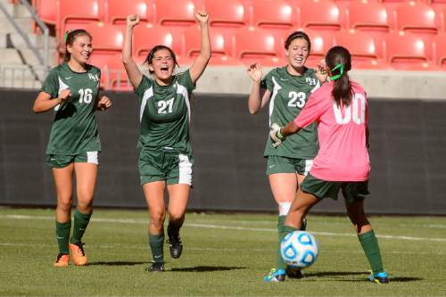 Trent Nelson  |  The Salt Lake Tribune
Rowland Hall's Jessica Sterrett (23) celebrates her second half goal, as Rowland Hall defeats Waterford in the 2A girls' high school soccer state championship game at Rio Tinto Stadium in Sandy, Saturday October 25, 2014.