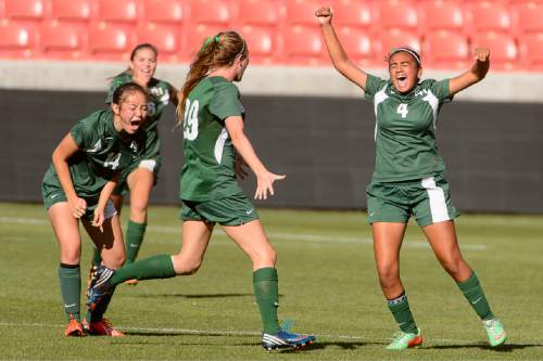 Trent Nelson  |  The Salt Lake Tribune
Rowland Hall's Airam Perez (4) celebrates her go-ahead goal as Rowland Hall defeats Waterford in the 2A girls' high school soccer state championship game at Rio Tinto Stadium in Sandy, Saturday October 25, 2014.