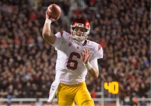Rick Egan  |  The Salt Lake Tribune
 
USC Trojans quarterback Cody Kessler (6) throws a touchdown pass to wide receiver Darreus Rogers (1) in the Utes' 24-21 victory over the USC Trojans at Rice-Eccles Stadium, Saturday, October 25, 2014.