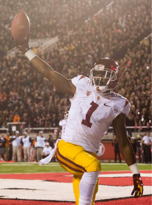 Rick Egan  |  The Salt Lake Tribune
 
USC Trojans wide receiver Darreus Rogers (1) poses after catching a touchdown pass that put USC in the lead in the fourth quarter at Rice-Eccles Stadium, Saturday, October 25, 2014.