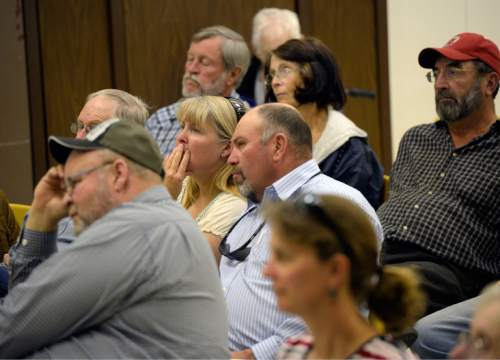 Al Hartmann  |  The Salt Lake Tribune
Residents of western Juab County listen to a U.S. Air Force representative's presentation at a public forum Monday October 20 at West Desert High School in Partoun, to discuss expanding the Utah Test and Training Range.