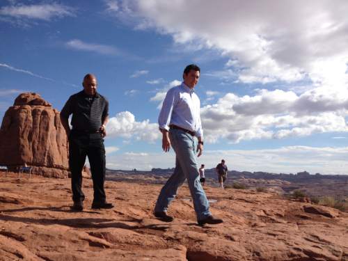 Matt Canham  |  The Salt Lake Tribune

Reps. Jason Chaffetz, R-Utah, and Elijah Cummings take a tour of some of Utah's Arches National Park.