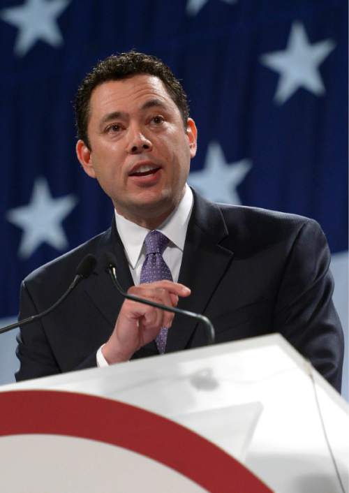 Leah Hogsten  |  The Salt Lake Tribune
3rd Congressional District candidate Jason Chaffetz won the nominee with 87% of the votes at the Utah Republican Party 2014 Nominating Convention at the South Towne Expo Center, Saturday, April 26, 2014.