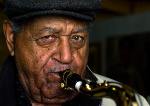 Joe McQueen, legendary 89-year-old jazz musician still plays his tenor saxophone in his "shed" behind his home in Ogden.   He was a civil rights pioneer in Utah when he helped integrate the music scene in Ogden with his close friend AnnaBelle Mattson.   Mattson ran the infamous Porters and Waiters Club on 25th Street pre-segregation that allowed black people in.    Al Hartmann photo/Salt Lake Tribune   1/18/09