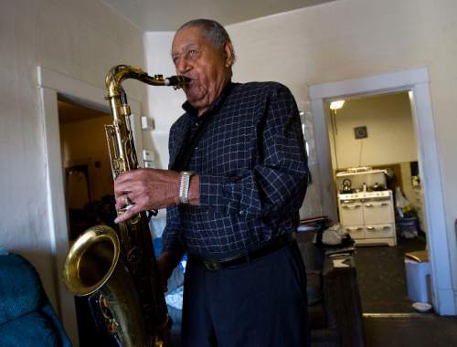 Joe McQueen, legendary 89-year-old jazz musician still plays his tenor saxophone in his home in Ogden.   He was a civil rights pioneer in Utah when he helped integrate the music scene in Ogden with his close friend AnnaBelle Mattson.   Mattson ran the infamous Porters and Waiters Club on 25th Street pre-segregation that allowed black people in.    Al Hartmann photo/Salt Lake Tribune   1/18/09