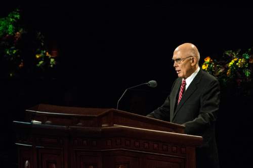 Chris Detrick  |  The Salt Lake Tribune
Dallin H. Oaks, Quorum of the Twelve Apostles, speaks during the afternoon session of the 184th Semiannual General Conference of The Church of Jesus Christ of Latter-day Saints at the Conference Center in Salt Lake City Saturday October 4, 2014.