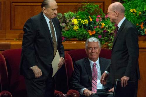 Chris Detrick  |  The Salt Lake Tribune
Elder Henry B. Eyring, LDS President Thomas S. Monson and President Dieter F. Uchtdorf during the morning session of the 184th Semiannual General Conference of The Church of Jesus Christ of Latter-day Saints at the Conference Center in Salt Lake City Saturday October 4, 2014.