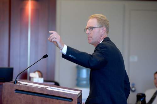 Scott Sommerdorf  |  The Salt Lake Tribune
Defense attorney Paul Cassell makes his closing argument during day three of Cowley's preliminary hearing, Wednesday, October 8, 2014. Cowley is charged with second-degree felony manslaughter for Nov. 2, 2012, fatal shooting of 21-year-old Danielle Willard.
