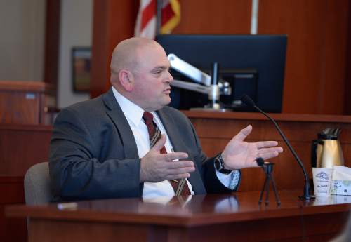 Scott Sommerdorf  |  The Salt Lake Tribune
WVC detective David Greco testifies during day three of Cowley's preliminary hearing, Wednesday, October 8, 2014. Cowley is charged with second-degree felony manslaughter for Nov. 2, 2012, fatal shooting of 21-year-old Danielle Willard.