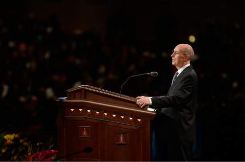 Scott Sommerdorf  |  The Salt Lake Tribune
Elder Henry B. Eyring in his talk spoke of "Continuing Revelation" at the 184th Semiannual General Conference of the Church of Jesus Christ of Latter Day Saints, Sunday, October 5, 2014.