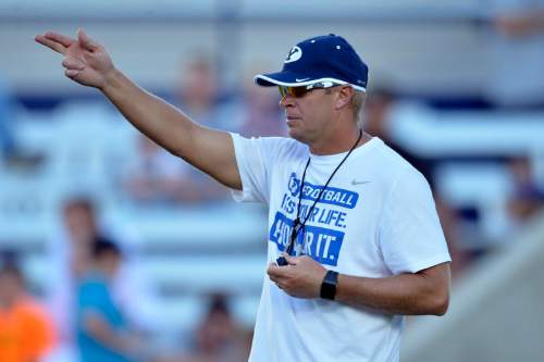 Chris Detrick  |  The Salt Lake Tribune
Brigham Young Cougars head coach Bronco Mendenhall during a scrimmage at LaVell Edwards Stadium Friday August 15, 2014.