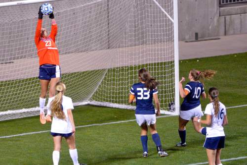 Chris Detrick  |  The Salt Lake Tribune
Timpanogos' Carly Nelson (23) makes a save during the 4A girls' state soccer championship game at Rio Tinto Stadium Friday October 24, 2014.