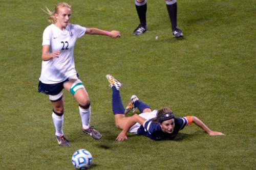 Chris Detrick  |  The Salt Lake Tribune
Timpanogos' Kaity Babb (22) and Skyline's Bella Sorensen (12) go for the ball during the 4A girls' state soccer championship game at Rio Tinto Stadium Friday October 24, 2014.