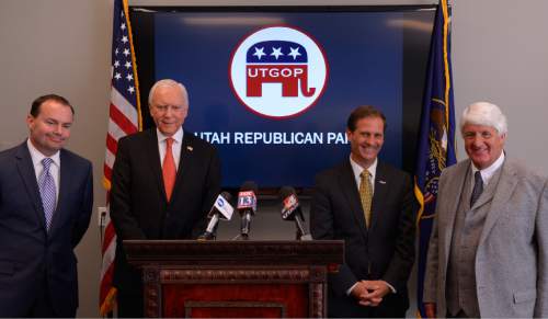 Leah Hogsten  |  The Salt Lake Tribune
l-r Senators Mike Lee and Orrin Hatch joined Representatives Chris Stewart and Rob Bishop on behalf of GOP congressional candidate Mia Love at the Utah Republican Party headquarters, October 22, 2014. The congressional delegation wanted to voice their support for Love, encouraging citizens to ignore what they think is a negative characterization from her opponent.