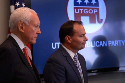 Leah Hogsten  |  The Salt Lake Tribune
l-r Senators Orrin Hatch and Mike Lee joined Representatives Rob Bishop and Chris Stewart on behalf of GOP congressional candidate Mia Love at the Utah Republican Party headquarters, October 22, 2014. The congressional delegation wanted to voice their support for Love, encouraging citizens to ignore what they think is a negative characterization from her opponent.
