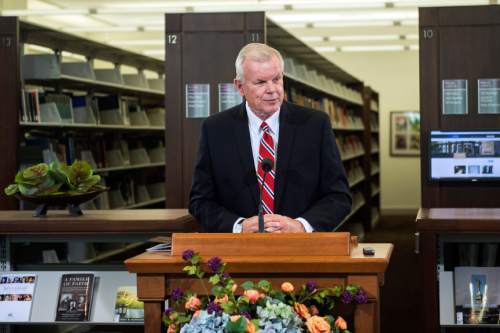 Chris Detrick  |  The Salt Lake Tribune
Church Historian and Recorder Elder Steven E. Snow speaks at the LDS Church History Library Wednesday September 3, 2014. The new exhibit entitled "Foundations of Faith" includes 26 books, manuscripts and other historical documents that date back to the 19th Century and the beginnings of Mormonism.