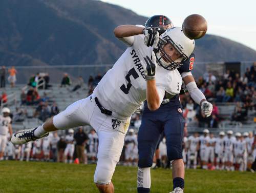 Scott Sommerdorf  |  The Salt Lake Tribune
Syracuse WR Colton Yardley can't hang on to this pass in the end zone during second half play. Brighton beat Syracuse 35-14 in a 5A first-round playoff game at Brighton, Friday, October 31, 2014.