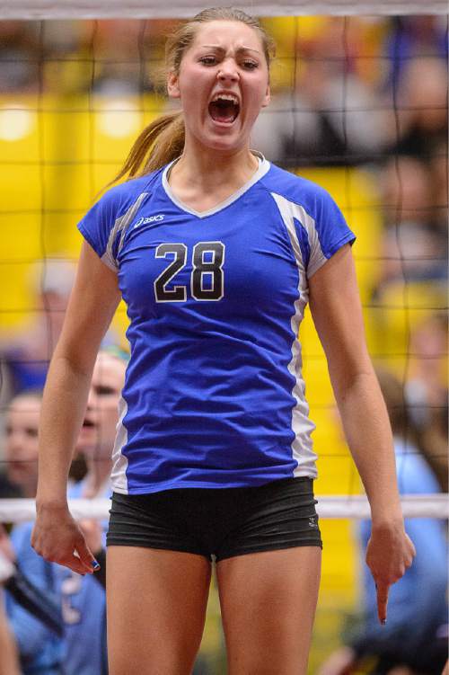 Trent Nelson  |  The Salt Lake Tribune
Panguitch's Chesney Campbell (28) celebrates a point as Panguitch defeats Piute High School in the championship match of the State 1A Volleyball Tournament at Utah Valley University in Provo, Saturday November 1, 2014.