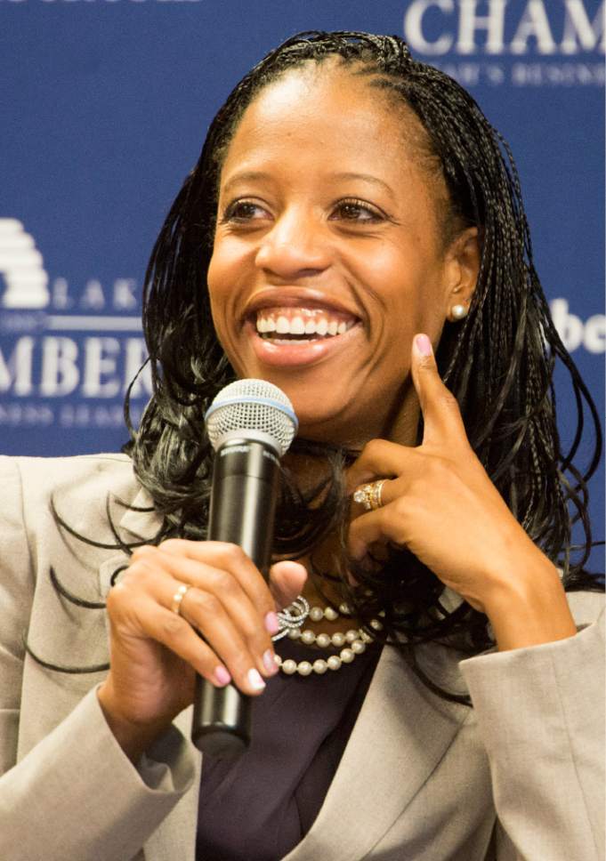 Rick Egan  |  The Salt Lake Tribune

Fourth District candidate Mia Love, answers questions separately from her opponent, Doug Owens, at the Salt Lake Chamber of Commerce, Thursday, September 25, 2014.  Love declined to participate in a joint event and asked to appear first.