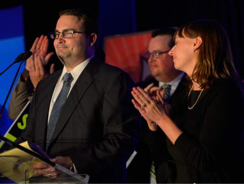 Leah Hogsten  |  The Salt Lake Tribune
Utah Attorney General candidate Charles Stormont is joined by his wife Valerie and his staff in thanking his supporters during his concession speech at the Utah Democratic Party headquarters at the Radisson Hotel in Salt Lake City, November 4, 2014.