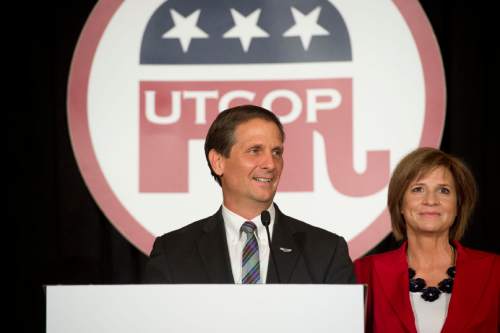 Steve Griffin  |  The Salt Lake Tribune

Representative Chris Stewart, with his wife Evie Stewart at his side, gives his victory speech during the GOP election night party at the Hilton in downtown Salt Lake City, Tuesday November 4, 2014.