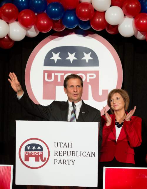 Steve Griffin  |  The Salt Lake Tribune

Representative Chris Stewart, with his wife Evie Stewart at his side, gives his victory speech during the GOP election night party at the Hilton in downtown Salt Lake City, Tuesday November 4, 2014.