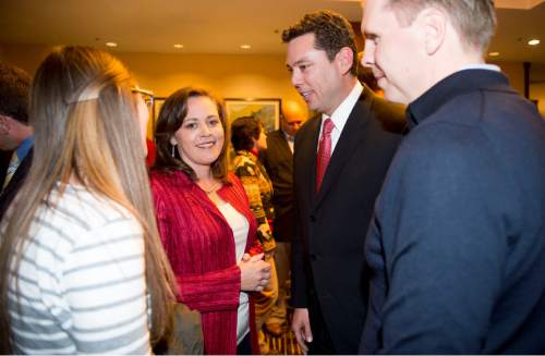 Steve Griffin  |  The Salt Lake Tribune

Becky Lockhart and Representative Jason Chaffetz speak with supporters during the GOP election night party at the Hilton in downtown Salt Lake City, Tuesday November 4, 2014.