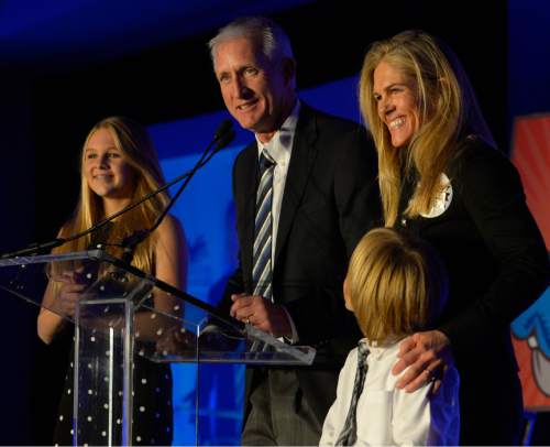 Leah Hogsten  |  The Salt Lake Tribune
Democratic Sheriff Jim Winder secured his third term win and thanks his supporters with his wife Shawn, daughter Alex and son Atticus at the Utah Democratic Party headquarters at the Radisson Hotel in Salt Lake City, November 4, 2014.