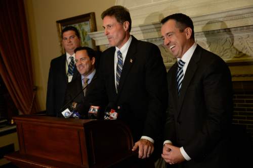 Francisco Kjolseth  |  The Salt Lake Tribune
The House Republicans choose Rep. Greg Hughes, as the new House Speaker, right, along with the rest of the leadership team including Rep. Francis Gibson, Rep. Brad Wilson and Rep. James Dunnigan, from left, during a closed election meeting at the Utah State Capitol on Thursday, Nov. 6, 2014.
