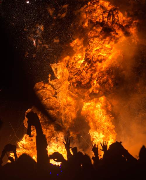 Rick Egan  |  The Salt Lake Tribune

The Burning Man goes up in flames, Saturday night, at the Burning Man festival, in the Black Rock Desert, north or Reno Nevada, August 30, 2014.