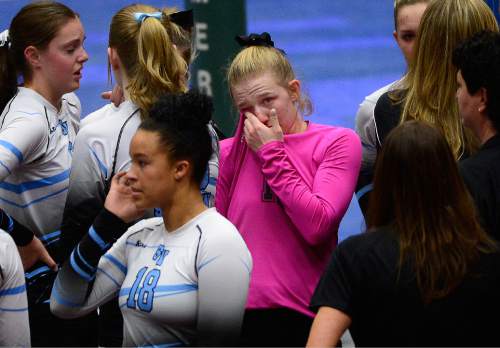 Scott Sommerdorf  |  The Salt Lake Tribune
Sky View's Daisy Karren wipes away tears after the Lady Cats lost to Timpview 3-0 in their 4A volleyball championship match at UCCU, Saturday, November 8, 2014 in Provo.