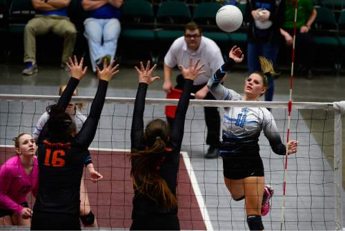 Scott Sommerdorf  |  The Salt Lake Tribune
Sky View's Lindsey Jensen sends a shot over to the Timpview side during the first set of their championship match. Timpview beat Sky View 25-23 in the first set of their 4A volleyball championship match at UCCU, Saturday, November 8, 2014 in Provo.