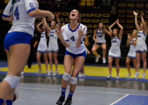 Scott Sommerdorf  |  The Salt Lake Tribune
Whitney Anderson of Pleasant Grove celebrates as the Vikings defeated Lehi 25-21 to take the first set of their 5A volleyball championship match at UCCU, Saturday, November 8, 2014.