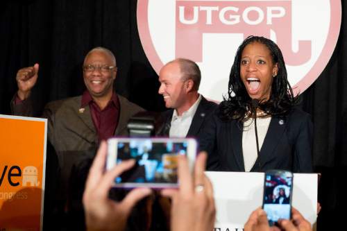 Steve Griffin  |  The Salt Lake Tribune

Mia Love greets supporters after defeating opponent Doug Owens in the race for Utah's 4th Congressional District, Tuesday November 4, 2014.