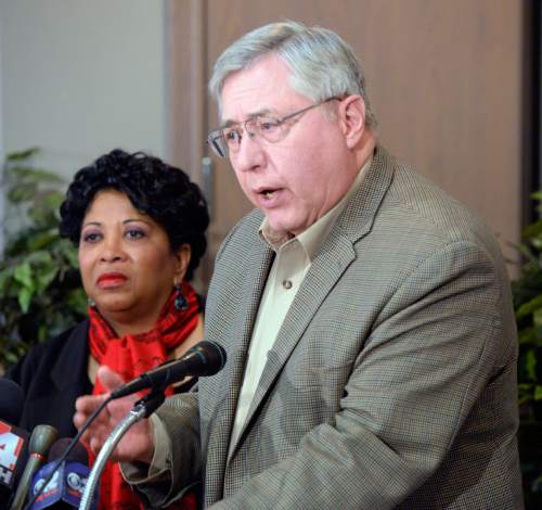 Al Hartmann  |  The Salt Lake Tribune
Jeanetta Williams of the Salt Lake branch of NAACP, left, holds a press conference in Salt Lake City Monday Nov. 10, 2014, with attorney Robert Sykes to ask the U.S. Justice Department to investigate the Sept. 10 shooting death of 22-year-old Darrien Hunt -- who was black -- by two Saratoga Springs police officers.