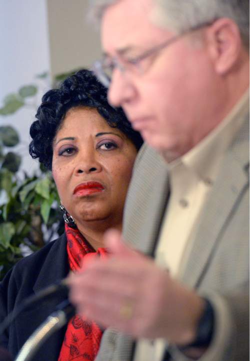 Al Hartmann  |  The Salt Lake Tribune
Jeanetta Williams of the Salt Lake branch of NAACP, left, holds a press conference in Salt Lake City Monday Nov. 10, 2014, with attorney Robert Sykes to ask the U.S. Justice Department to investigate the Sept. 10 shooting death of 22-year-old Darrien Hunt -- who was black -- by two Saratoga Springs police officers.