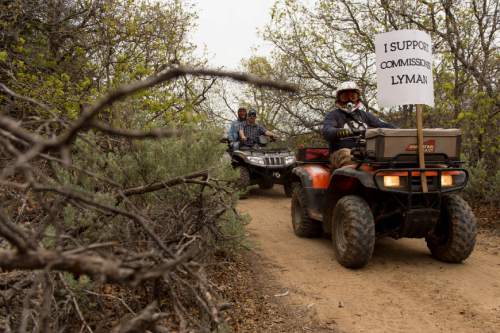 Trent Nelson  |  The Salt Lake Tribune
Motorized vehicles make their way through Recapture Canyon, which has been closed to motorized use since 2007, after a call to action by San Juan County Commissioner Phil Lyman. Saturday May 10, 2014 north of Blanding.